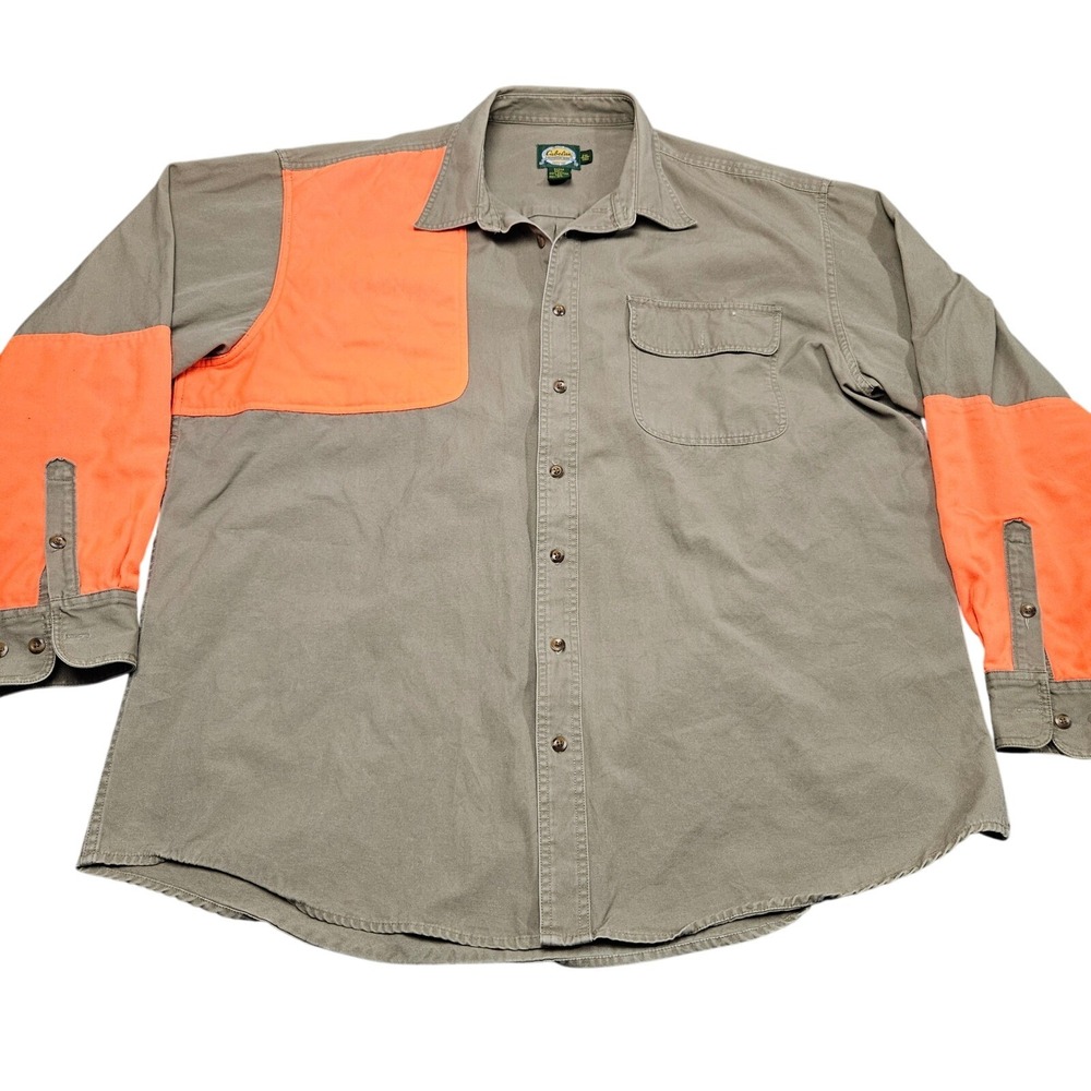Cabelas Button Up Work Shirt 2XL Tall Tan Blaze Orange Hunting Workwear Field‎